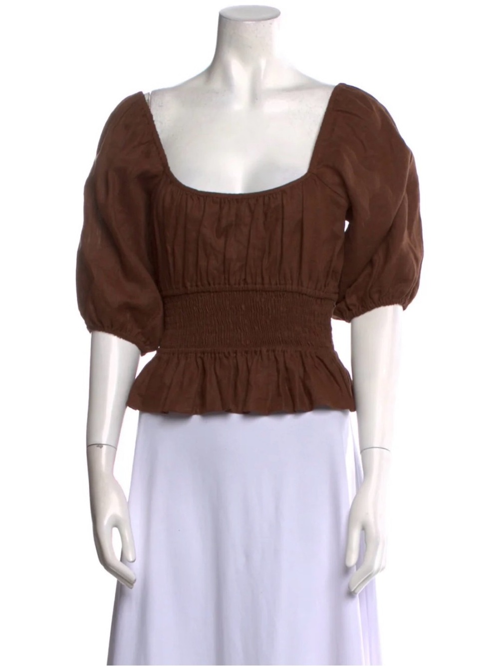 Faithfull the Brand Brown Puff-Sleeve Smocked Waist Top
